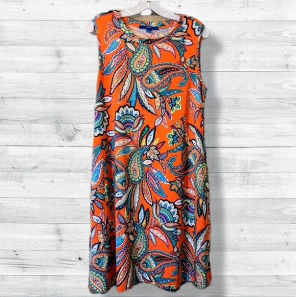 Apt 9 Paisley Dress Orange Coral Aqua Stretchy Pockets Loose Fit Casual D5 - Picture 3 of 13